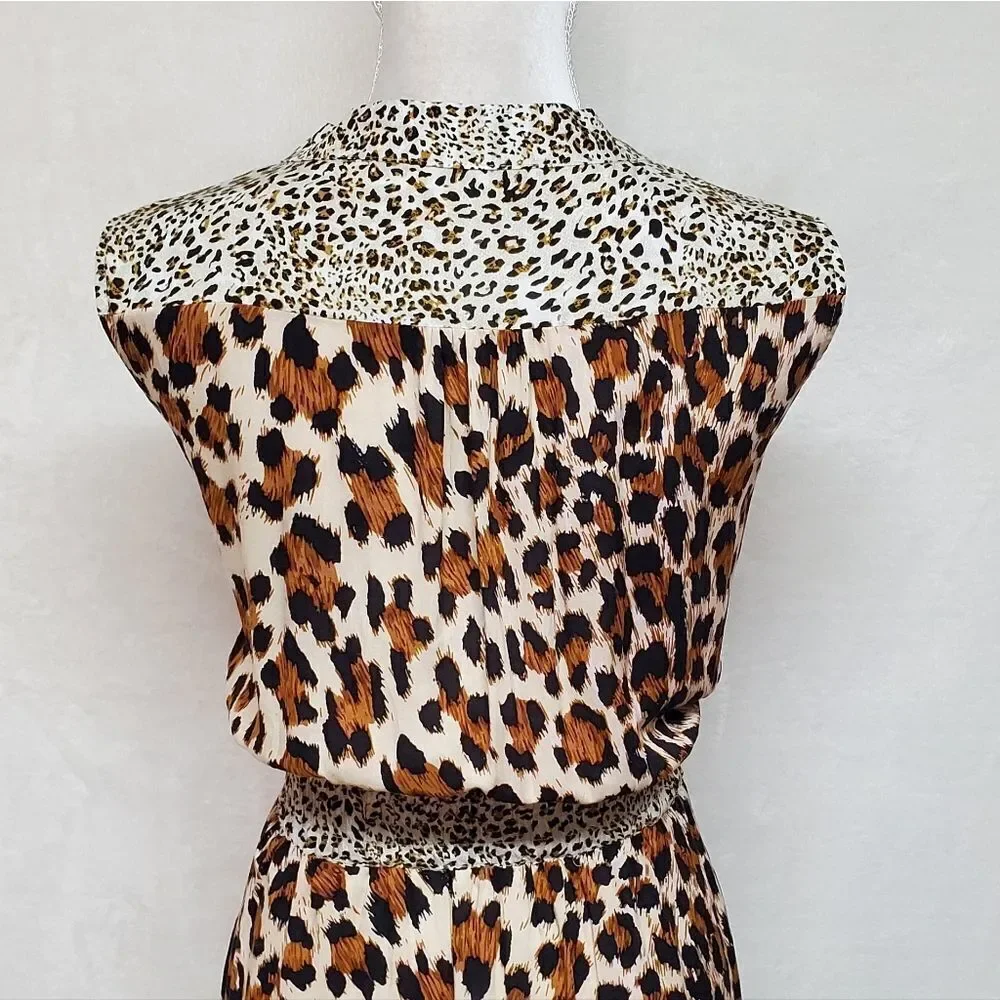 LEOPARD Cheetah Print Tie-Neck Smocked Waist Sleeveless A-line Mini Dress Large
